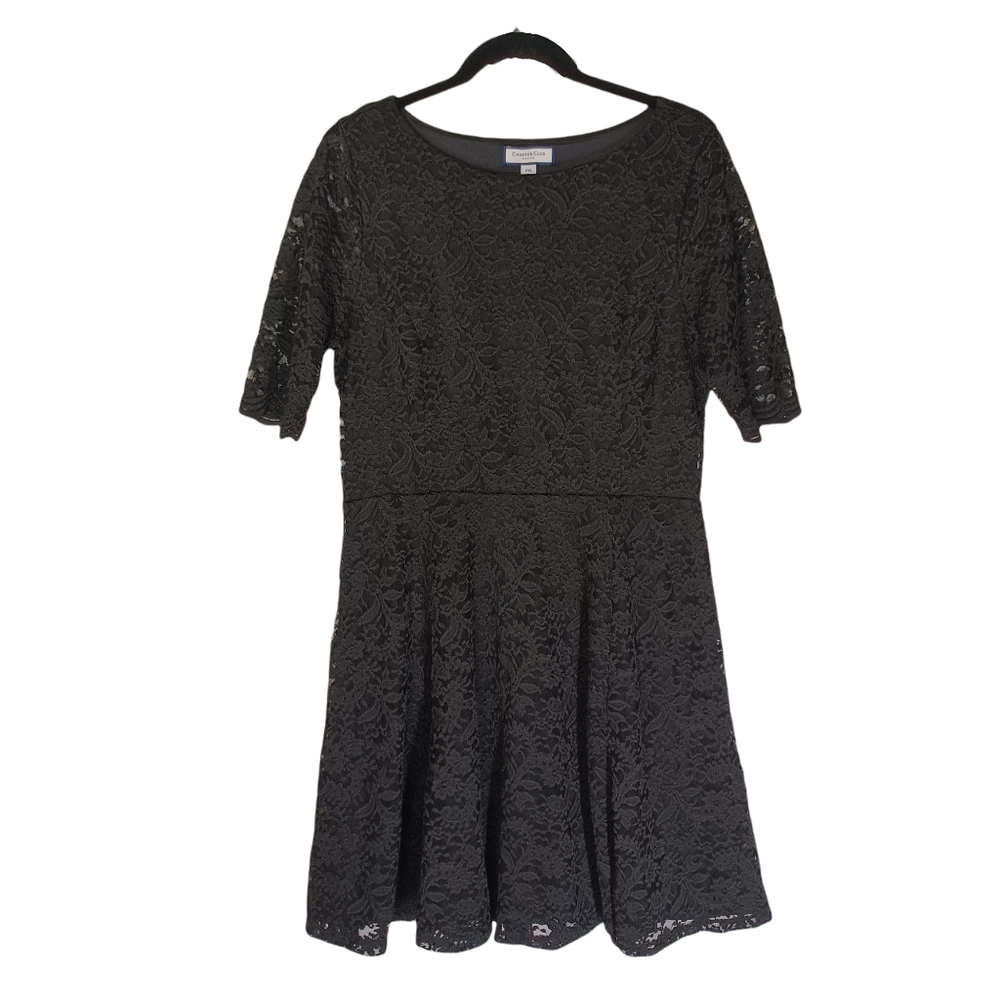 CHARTER CLUB Petite Black Lace Short Sleeve A Line Fit and Flare Dress PXL